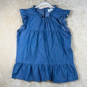 Fyve Women Blue Chambray Tiered Ruffle Sleeveless Babydoll Blouse Large Boho